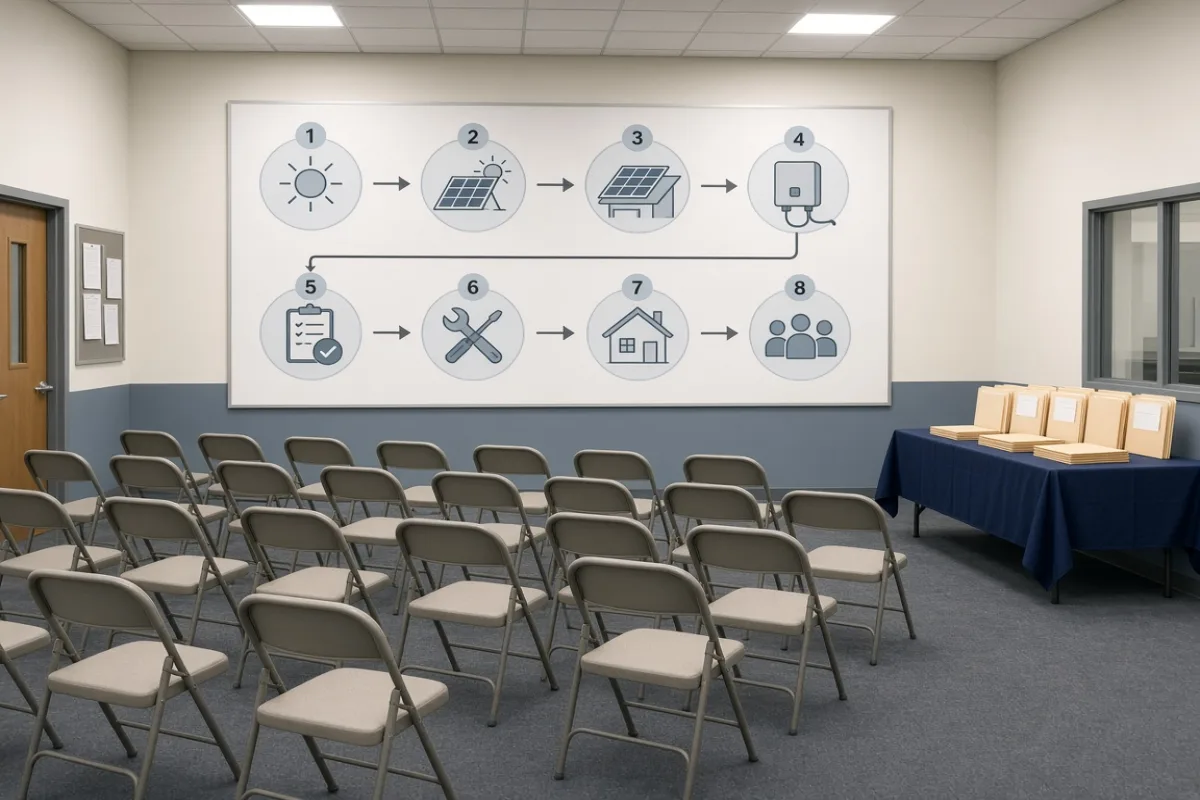 Community workshop room with a wall chart of solar install stages, folding chairs, and permit folders on a side table