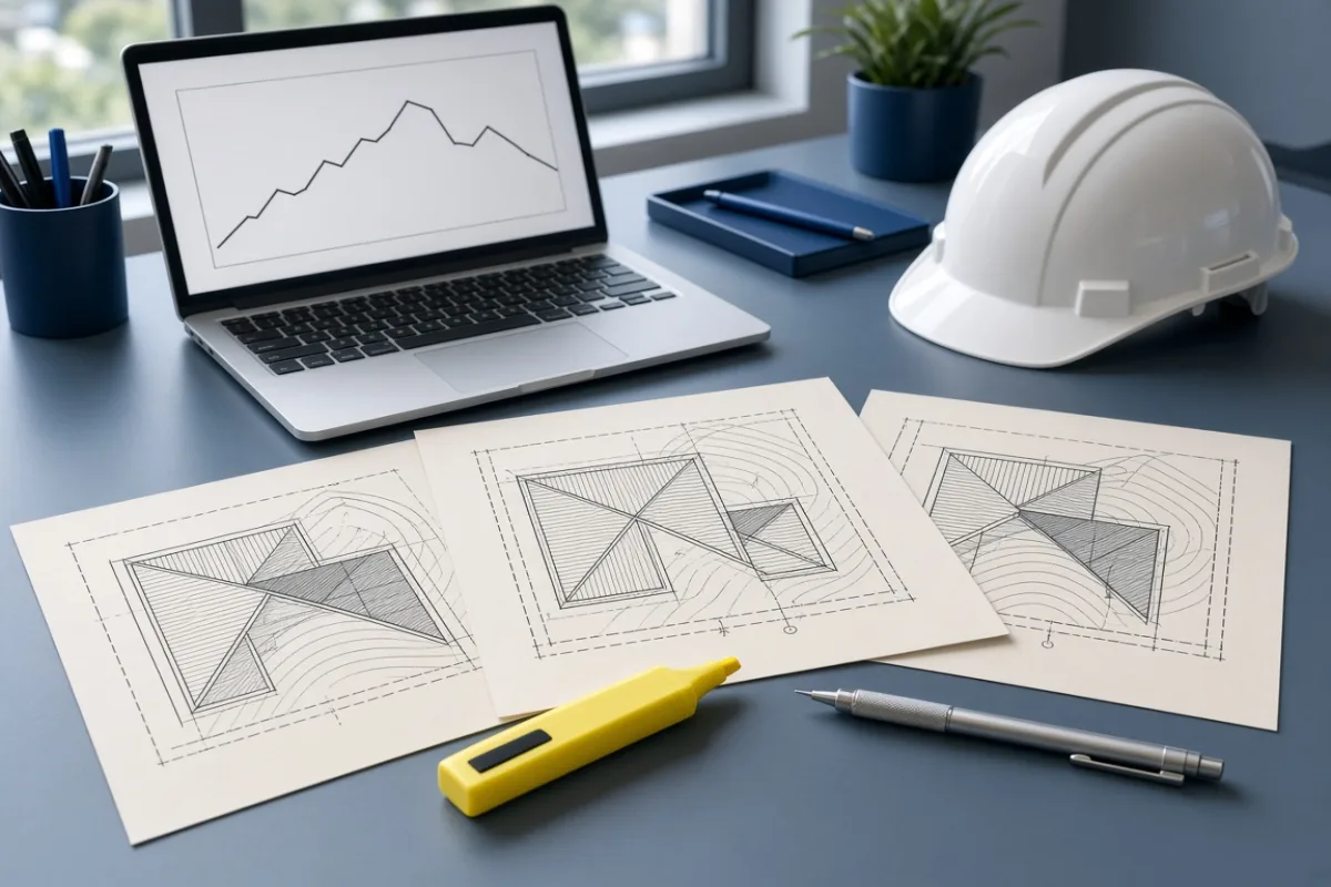 Editor desk with overlapping roof site plans, hard hat, highlighter, and laptop showing a monitoring chart