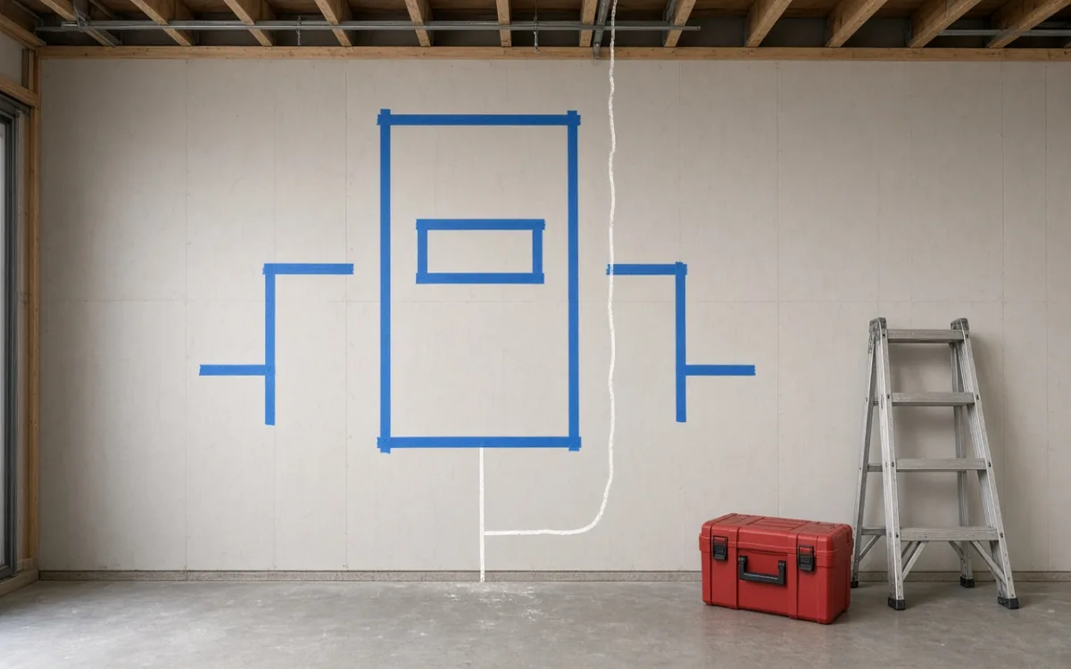 Garage wall with blue tape marking inverter placement and chalk lines showing the conduit route