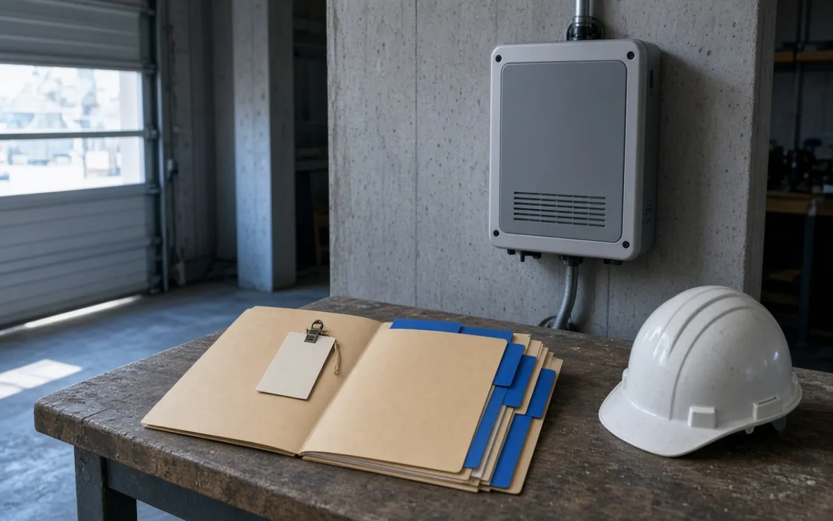 Handover folder open on a garage workbench with an inspection tag, hard hat, and wall-mounted inverter behind