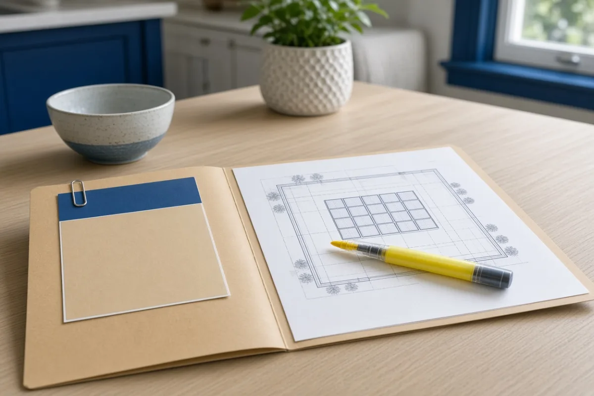Permit folder open on a kitchen table with a roof site plan, receipt clipped to the cover, and a highlighter on the inverter line