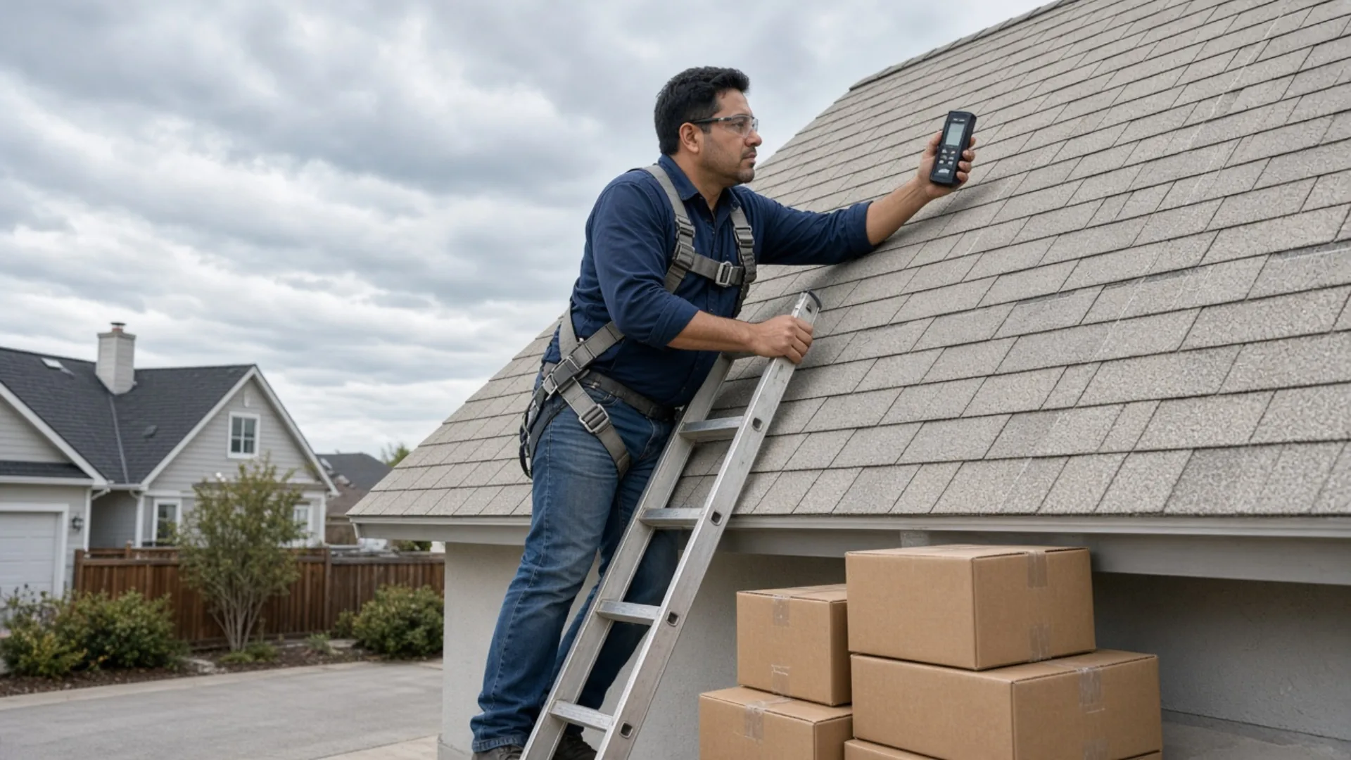 Surveyor on a ladder measuring roof pitch with an inclinometer, panel layout marks visible on the shingles
