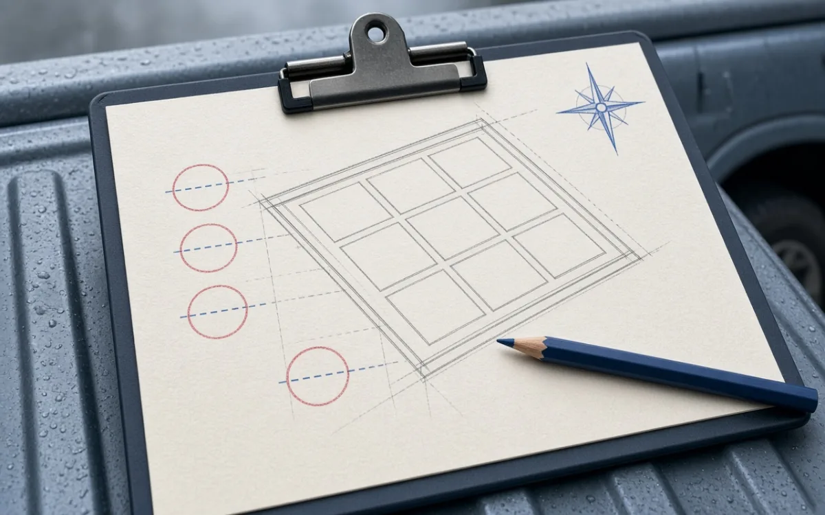 Roof survey plan on a clipboard with pencil marks around rafter notes and panel row outlines