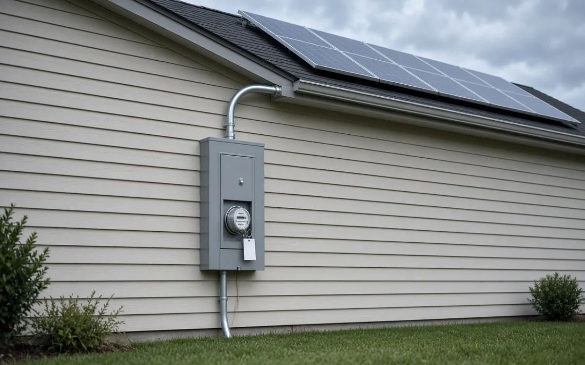 Utility meter on a house exterior with new solar conduit above and rooftop panels in the background